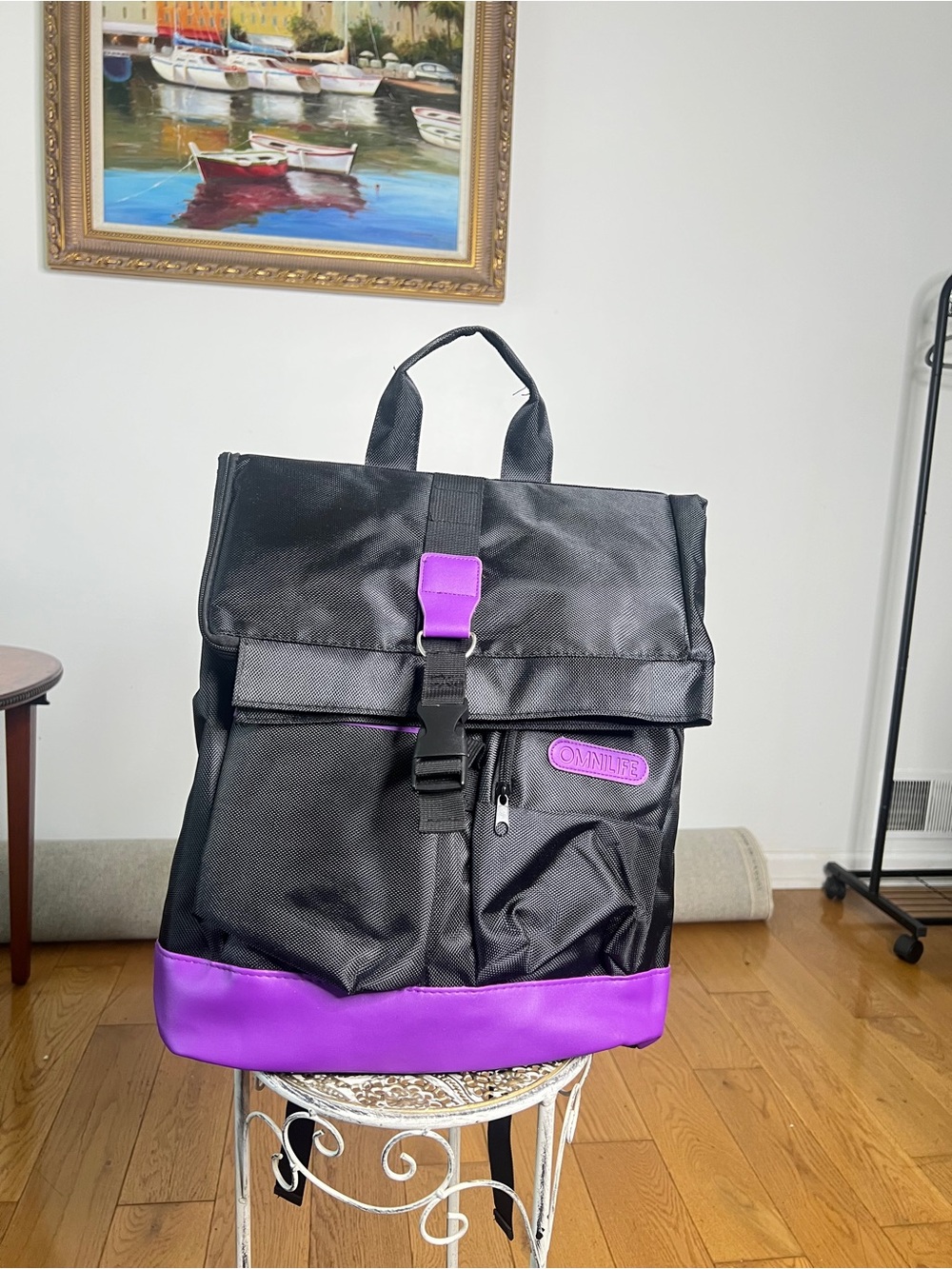 Black and Purple Roll-Top Backpack with Front Pockets